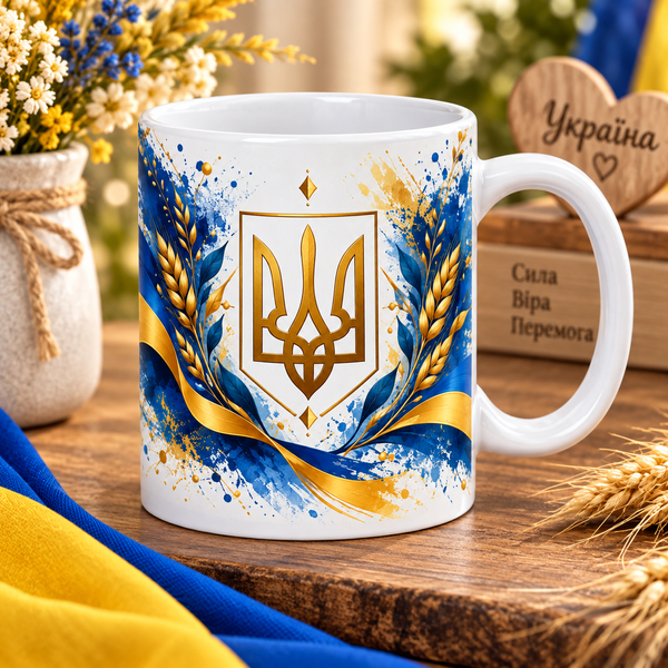 Патріотична чашка з Гербом України &mdash; керамічна кружка з Тризубом, подарунок українцю WH038 фото