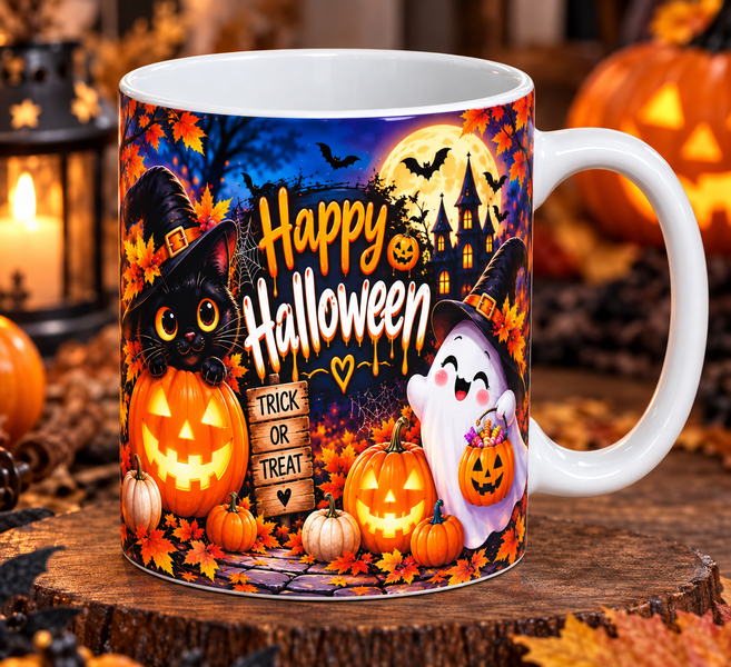 Чашка на Хелловін &mdash; керамічна кружка з принтом Halloween, гарбуз, відьмочка, привид WH041 фото