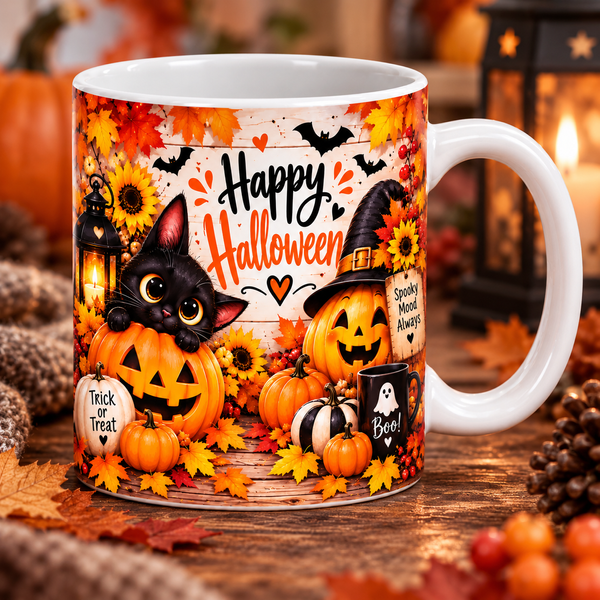 Кружка на Хэллоуин &mdash; керамическая кружка с принтом Halloween, тыква, ведьмочка, привидение WH045 фото
