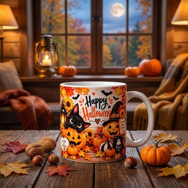 Кружка на Хэллоуин &mdash; керамическая кружка с принтом Halloween, тыква, ведьмочка, привидение WH045 фото