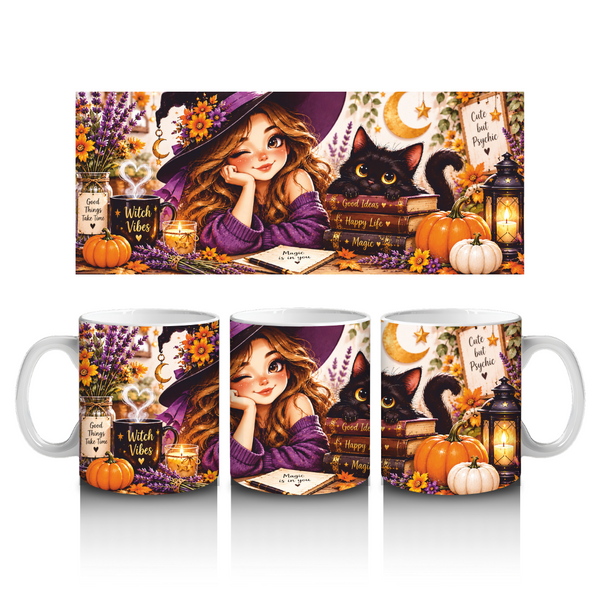 Кружка на Хэллоуин &mdash; керамическая кружка с принтом Halloween, тыква, ведьмочка, привидение WH046 фото