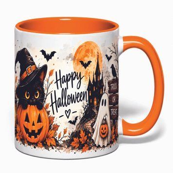 Чашка на Хелловін &mdash; керамічна кружка з принтом Halloween, гарбуз, відьмочка, привид KWH002 фото