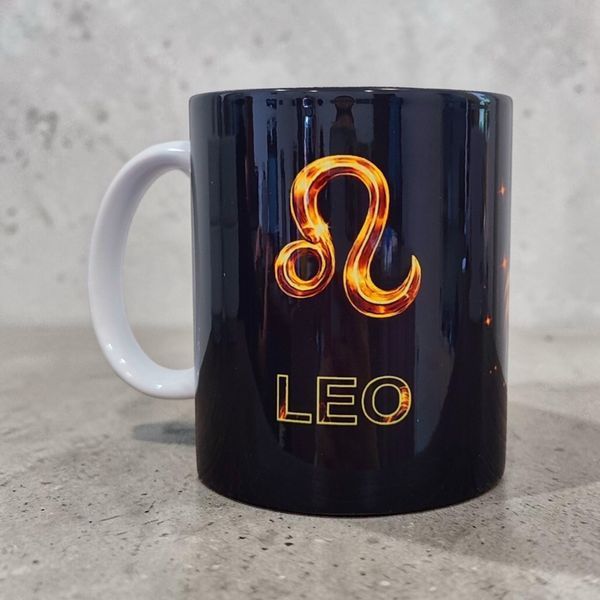 Керамічна чашка Знак Зодіаку Лев - Подарунок Леву, чорна кружка з принтом Leo BZS_07 фото